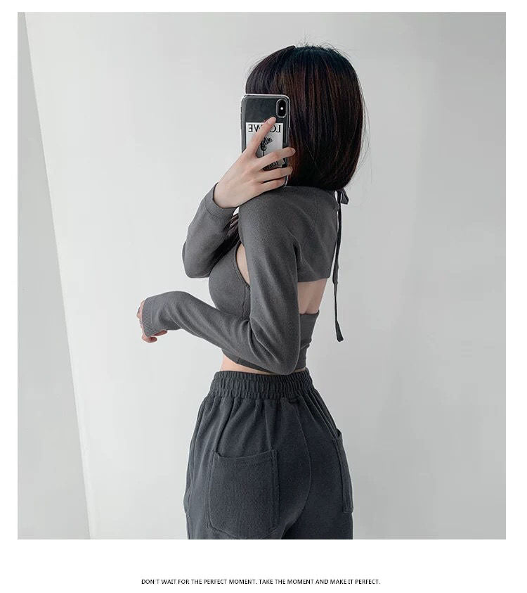 Y2K T-shirt Two Piece Women Long Sleeve Smock+Knitted Halterneck Camis Skinny Cropped Tops Woman