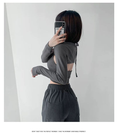 Y2K T-shirt Two Piece Women Long Sleeve Smock+Knitted Halterneck Camis Skinny Cropped Tops Woman