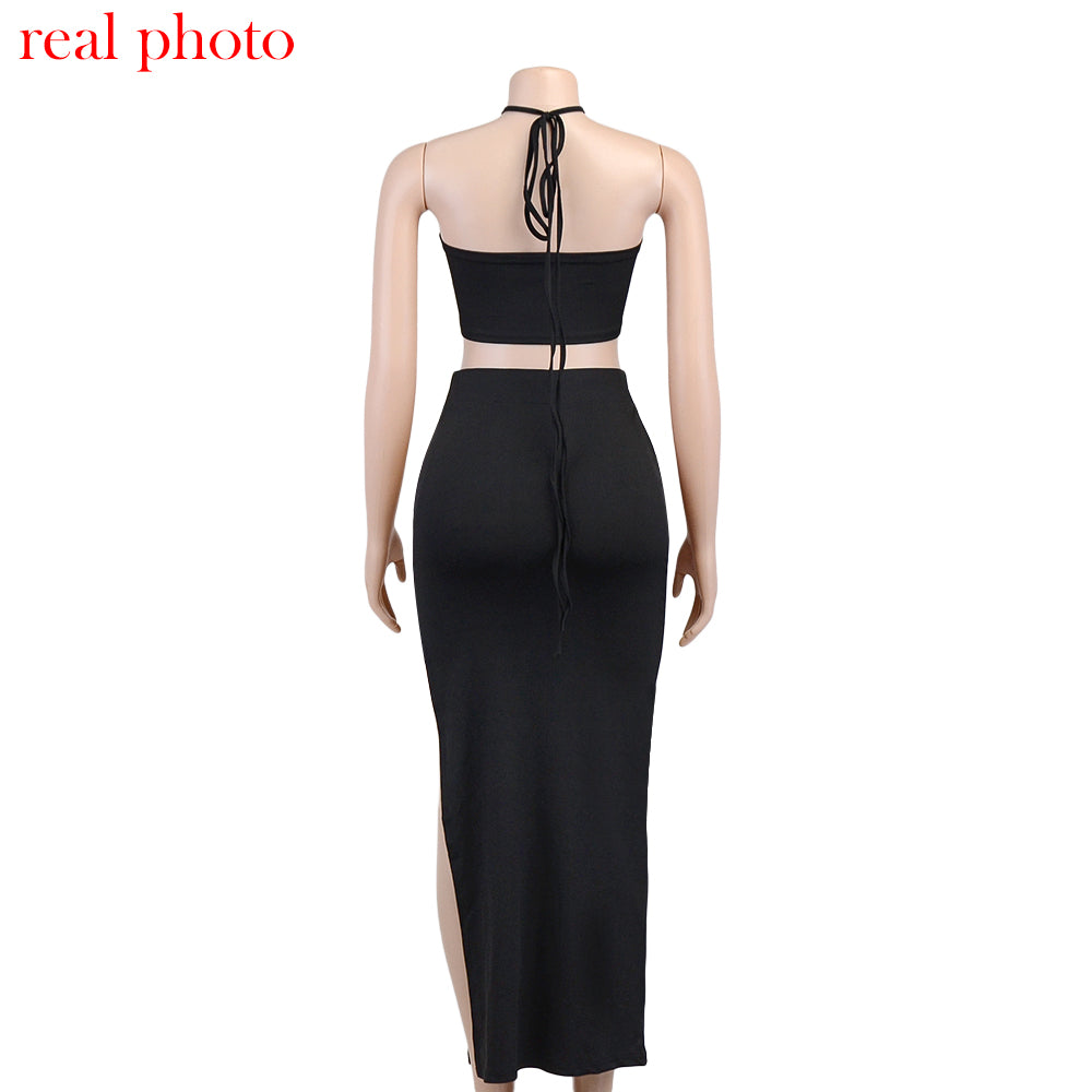 Cryptographic Bandage Cut Out Sexy Halter Neck Top and Skirts Set Gathered Elegant