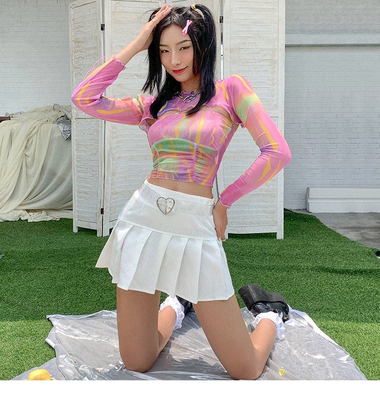Hollow Bandage T-Shirt Women Sweet Suits Color Pattern Mesh Camisole + Long Sleeve Smock Female