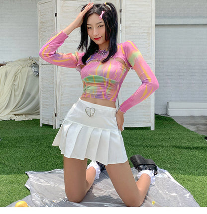 Hollow Bandage T-Shirt Women Sweet Suits Color Pattern Mesh Camisole + Long Sleeve Smock Female