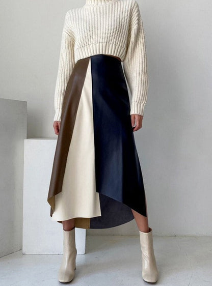 Patchwork Irregular PU Leather Skirts Women Elastic High Waist Female A-line Skirts