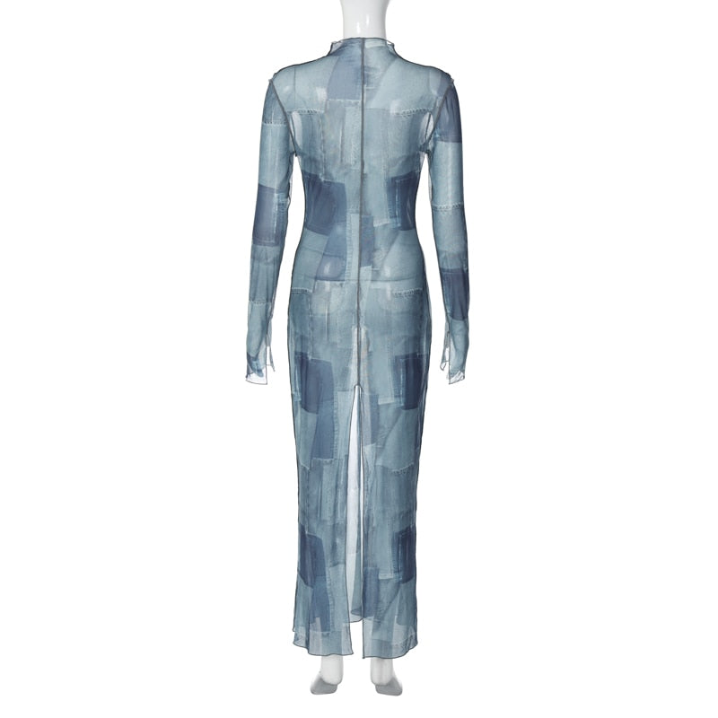 Mesh O Neck Long Flare Sleeve Print Slit Vintage Sexy Bodycon Maxi Dress