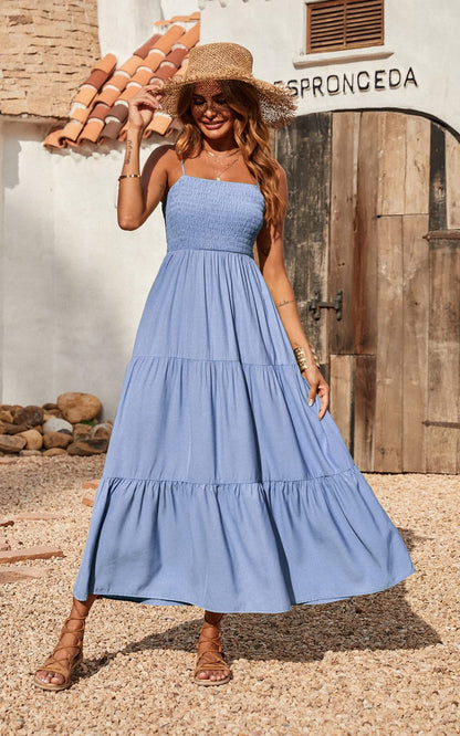 Spaghetti Strap Maxi Dress Women Summer Sleeveless Smocked Boho Long Beach Dress Sundresses