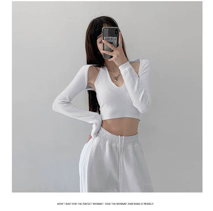 Y2K T-shirt Two Piece Women Long Sleeve Smock+Knitted Halterneck Camis Skinny Cropped Tops Woman