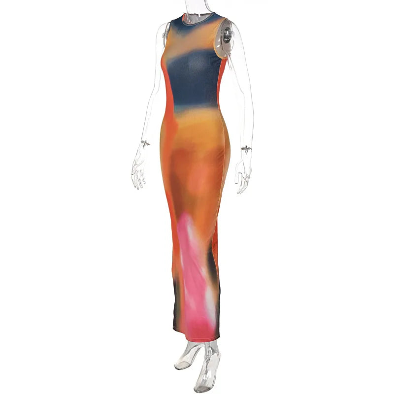 Tie Dye Print Ribbed Midi Dress Bodycon Side Slit Y2K