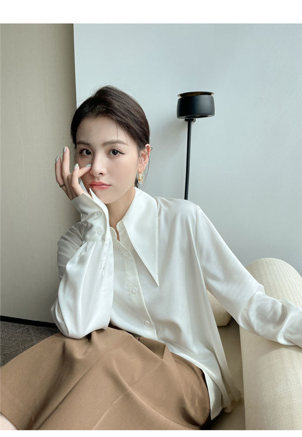 Big Pointed Collar White Blouses For Women Vintage Loose Long Sleeve Shirt