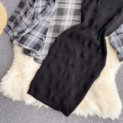 Summer Women Two Piece Set Plaid Long Sleeve Sunscreen Shirt+A-line Knitting Slip Dress