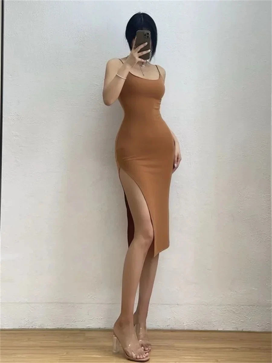 Sleeveless Spaghetti Strap Split Sheath Dress Vestidos