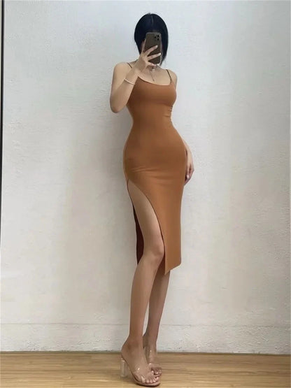 Sleeveless Spaghetti Strap Split Sheath Dress Vestidos