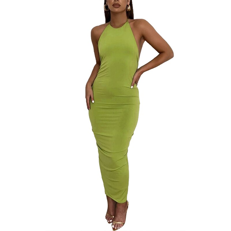 Halter Bandage Sleeveless Backless Shirring Draped Maxi Dress Sexy Streetwear