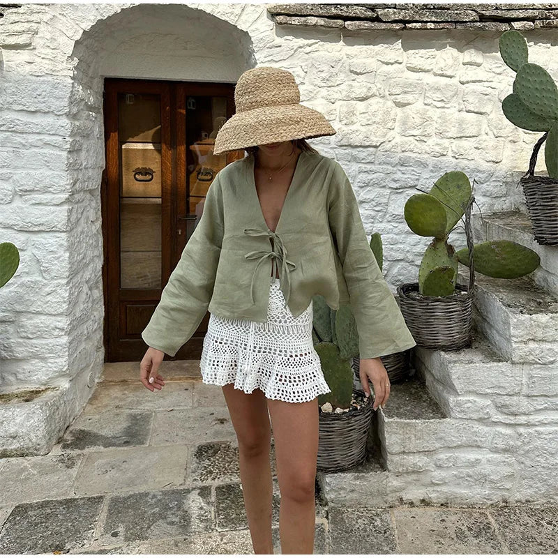 Cotton Linen Lace Up Bow Shirts Women Loose Hollow Out V Neck Long Sleeve Tops