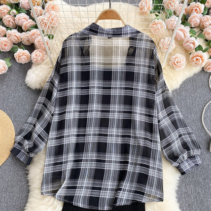 Summer Women Two Piece Set Plaid Long Sleeve Sunscreen Shirt+A-line Knitting Slip Dress