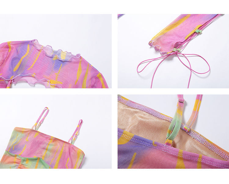 Hollow Bandage T-Shirt Women Sweet Suits Color Pattern Mesh Camisole + Long Sleeve Smock Female
