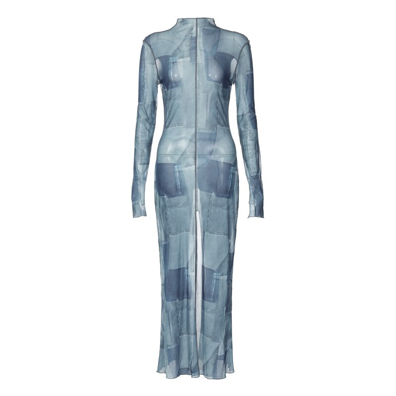 Mesh O Neck Long Flare Sleeve Print Slit Vintage Sexy Bodycon Maxi Dress