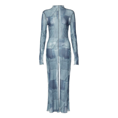 Mesh O Neck Long Flare Sleeve Print Slit Vintage Sexy Bodycon Maxi Dress