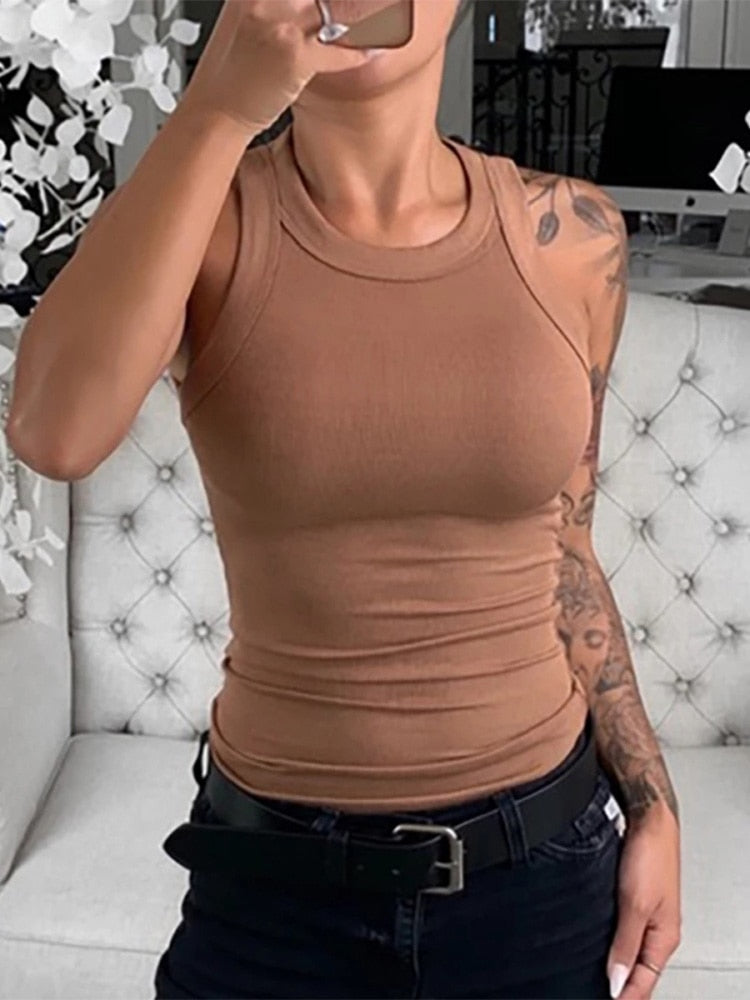 Women Solid Round Neck Ribbed Tank Top Camisole Women Summer Basic Elastic Tank Top