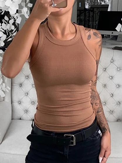 Women Solid Round Neck Ribbed Tank Top Camisole Women Summer Basic Elastic Tank Top