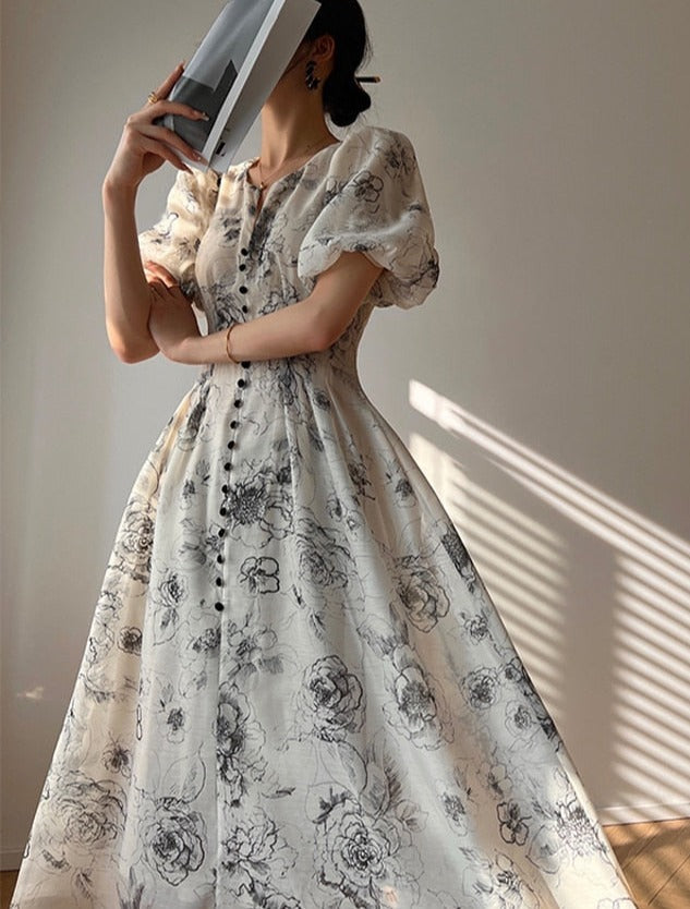 Vintage O-neck Single-breasted Summer Puff Sleeve Slim Women A-line Dress vestidos femme