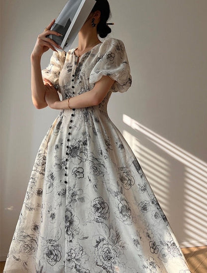 Vintage O-neck Single-breasted Summer Puff Sleeve Slim Women A-line Dress vestidos femme