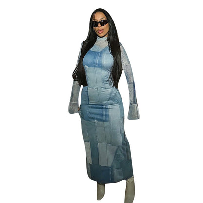 Mesh O Neck Long Flare Sleeve Print Slit Vintage Sexy Bodycon Maxi Dress