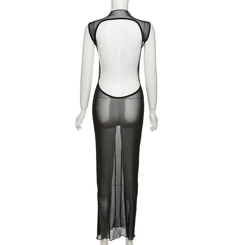 Mesh O Neck Long Sleeves Backless Lace Up See Through Sexy Bodycon Maxi Dress