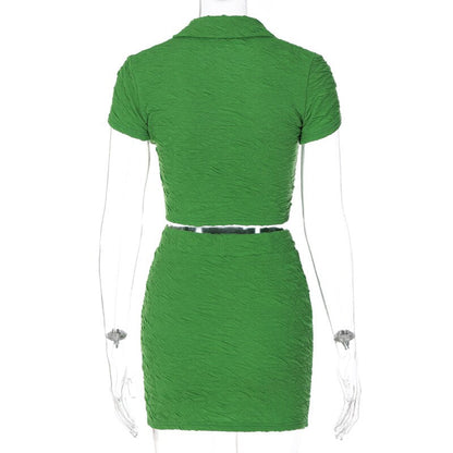 2 Piece Set Short Sleeve Crop Top Shirts Blouse Mini Skirt Suit