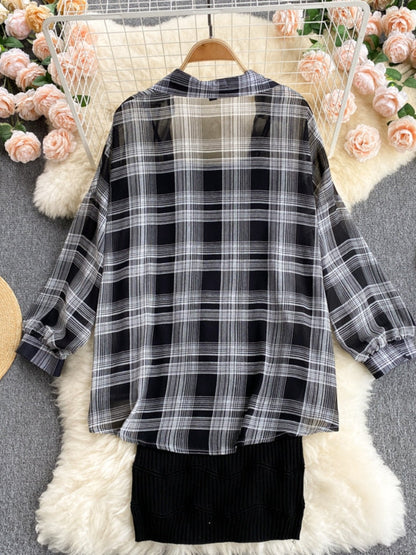 Summer Women Two Piece Set Plaid Long Sleeve Sunscreen Shirt+A-line Knitting Slip Dress