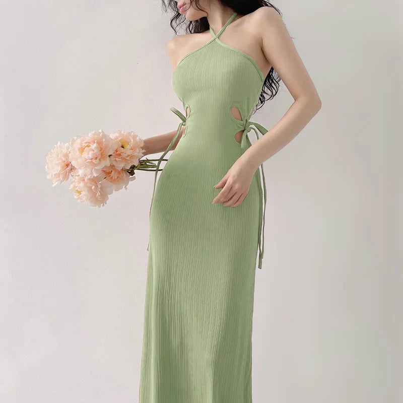 Knitted Long Sleeve Slim Mini Fairycore Slash Neck Dress