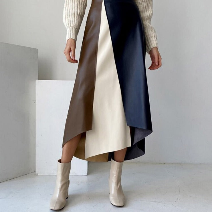 Patchwork Irregular PU Leather Skirts Women Elastic High Waist Female A-line Skirts