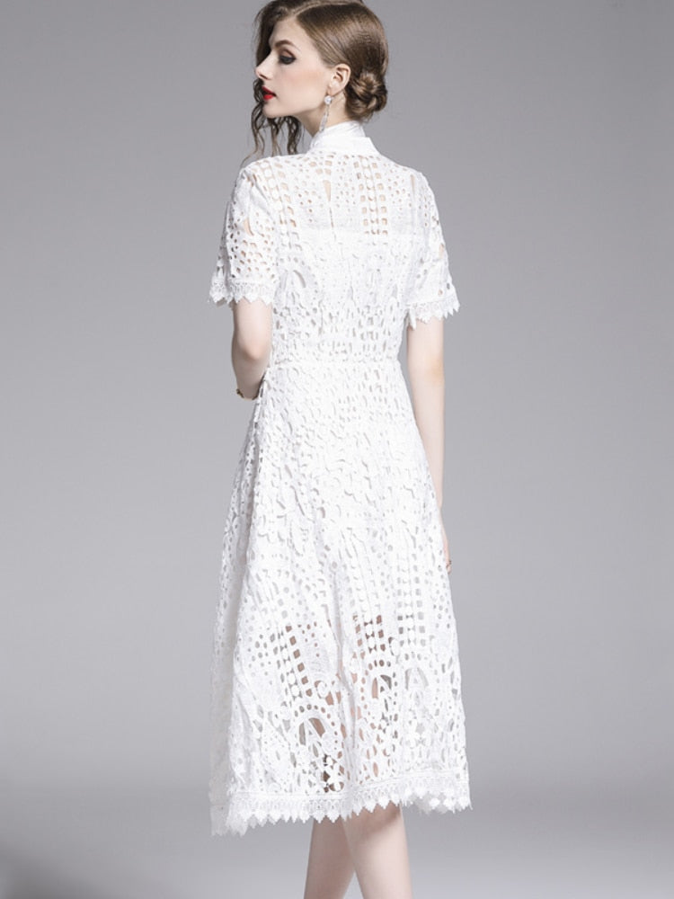 Lace Hollow Out Stand Collar Short Sleeve Dress High Waist Mid-calf Dress
