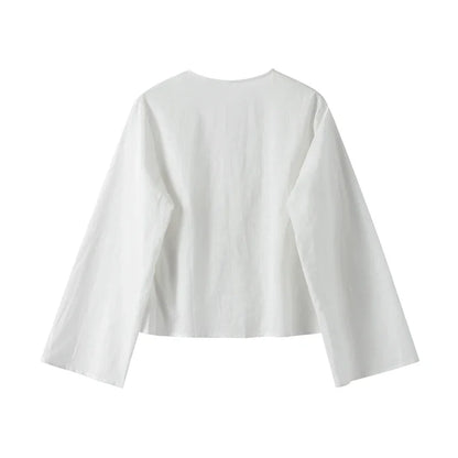 Cotton Linen Lace Up Bow Shirts Women Loose Hollow Out V Neck Long Sleeve Tops