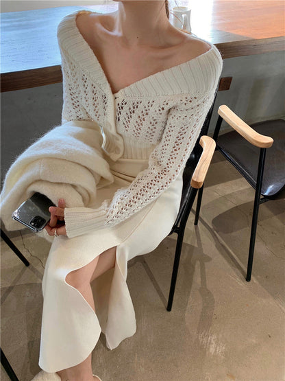 Women Hollow Sweater Cardigan Outerwear V Neck Button Knitted Tops Jackets