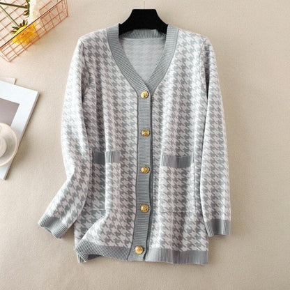 V-neck Striped Cardigans Sweaters Long Sleeve Loose Knitted Open Stitch Outwear