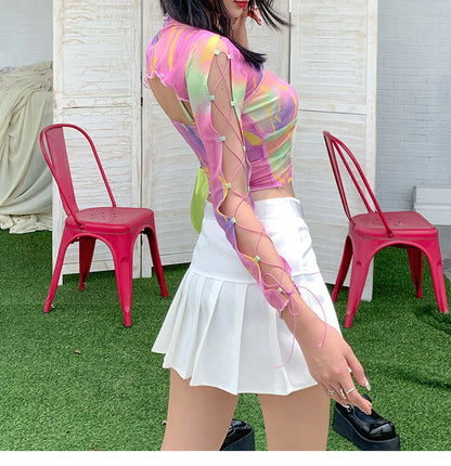 Hollow Bandage T-Shirt Women Sweet Suits Color Pattern Mesh Camisole + Long Sleeve Smock Female