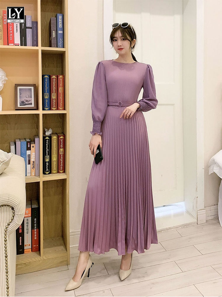 O-neck Long Sleeve A-line Dress Office Lady  Pleated Maxi Dress