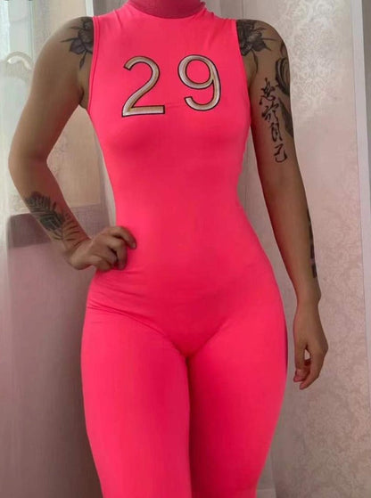 Women Tracksuit Slim Elastic High Print Figure Zipper Jumpsuit Y2K Sports