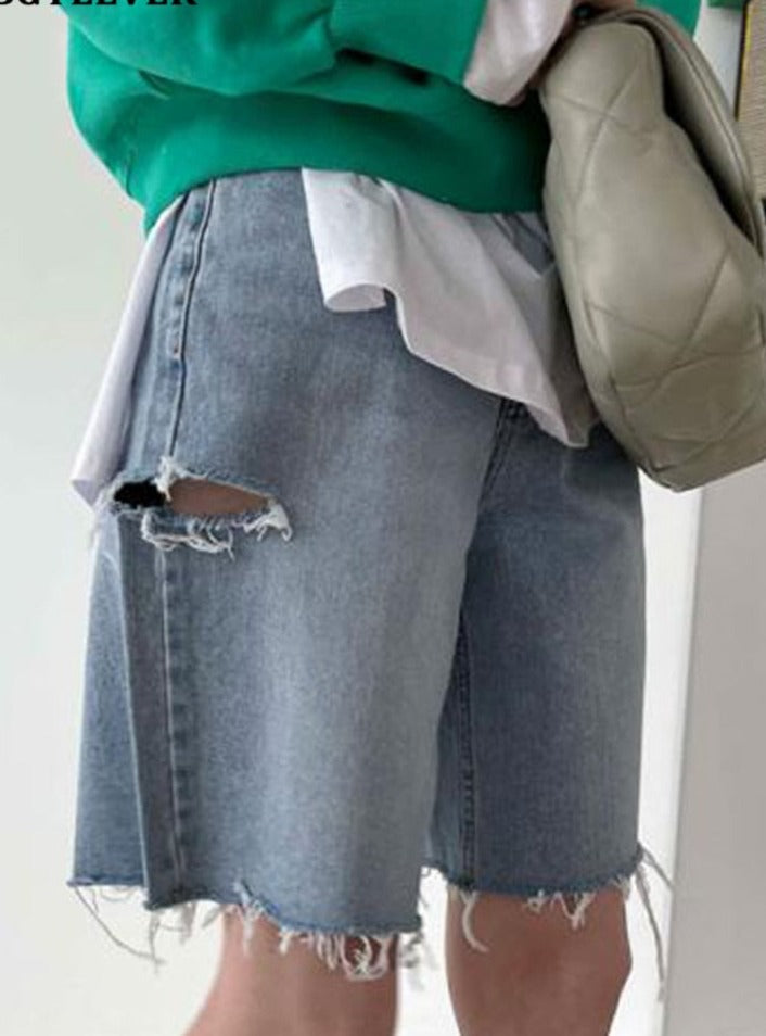 Spring Summer Loose Ripped Holes Ladies Wide Leg Jeans Shorts