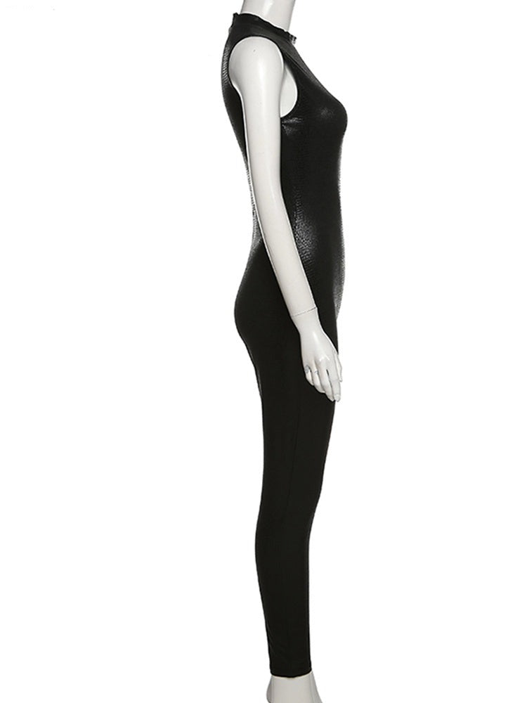 PU Leather Sleeveless Turtleneck Zipper Women Jumpsuit 2022 Casual Street Style Sports Fitness