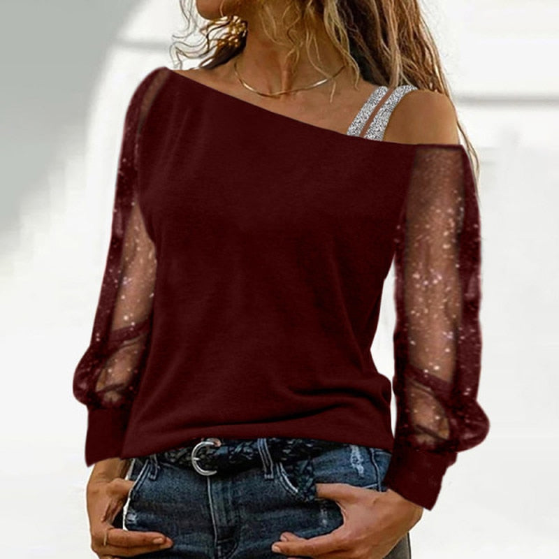Woman Tshirts Long Sleeve Solid Colour Sexy Off Shoulder Tops Casual Streetwear T-shirt