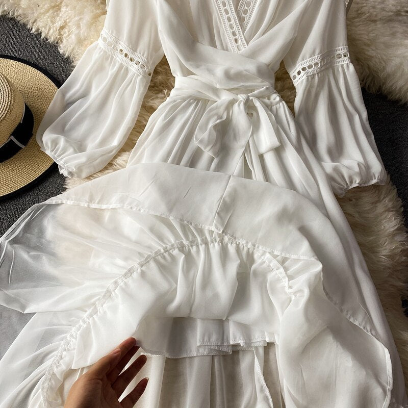 Beach Holiday Style Dress Women Elegant V-neck Lace-up High Waist Dress