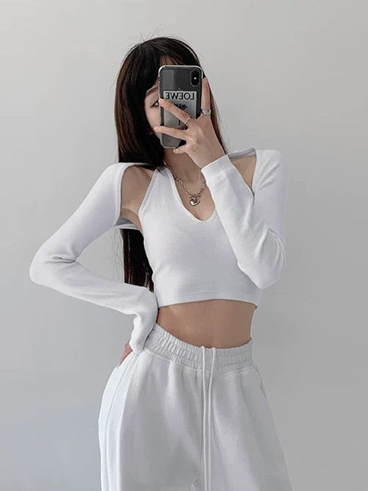 Y2K T-shirt Two Piece Women Long Sleeve Smock+Knitted Halterneck Camis Skinny Cropped Tops Woman
