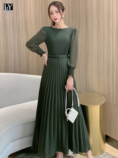 O-neck Long Sleeve A-line Dress Office Lady  Pleated Maxi Dress