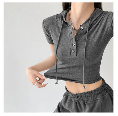 Fashion Hooded T-shirts Women Summer Tight Short Sleeve Y2k Tees Gray Crop Tops Female