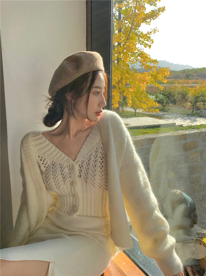Women Hollow Sweater Cardigan Outerwear V Neck Button Knitted Tops Jackets
