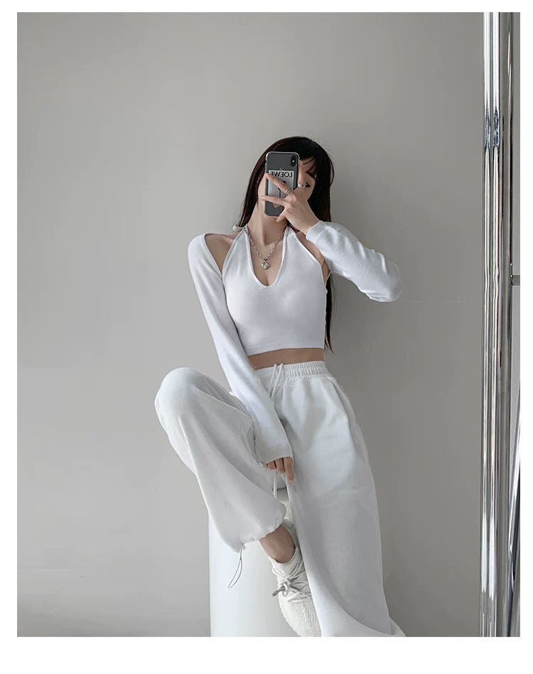 Y2K T-shirt Two Piece Women Long Sleeve Smock+Knitted Halterneck Camis Skinny Cropped Tops Woman