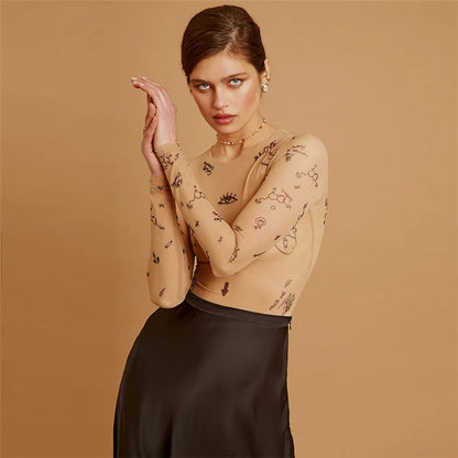 Print tight-fitting one-piece Top Women Long-Sleeved Bodysuits O-Neck