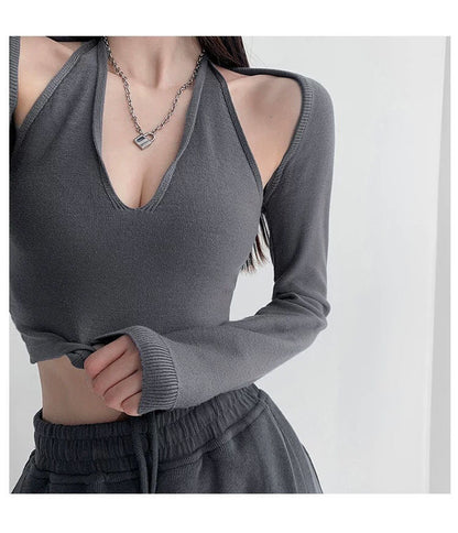 Y2K T-shirt Two Piece Women Long Sleeve Smock+Knitted Halterneck Camis Skinny Cropped Tops Woman