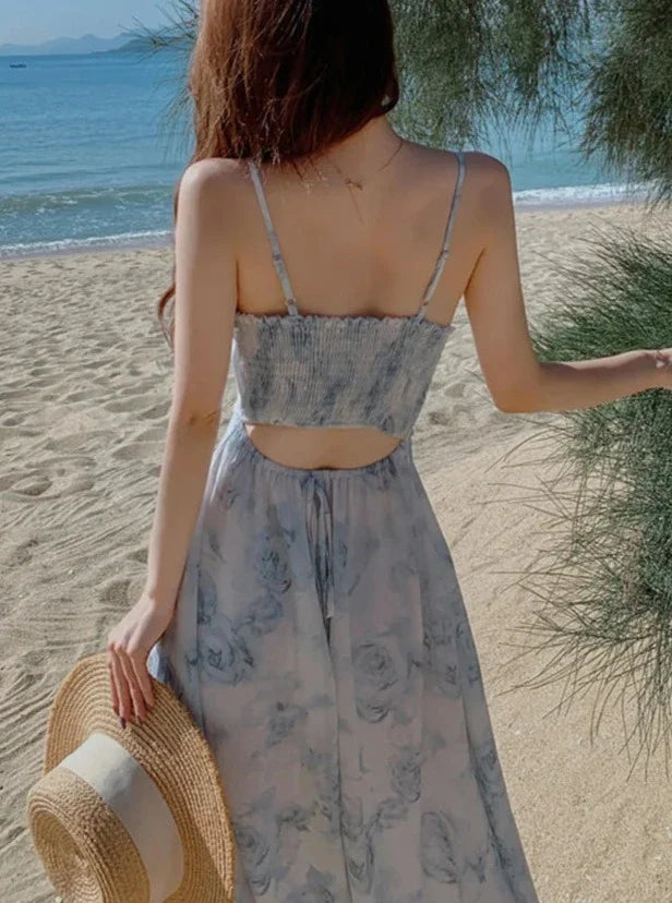 Floral Spaghetti Strap Dress Elastic Ruched Sexy Hollow Backless Party Dress