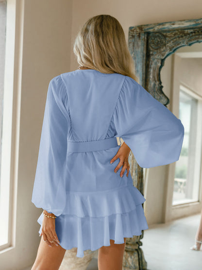 Belt plaid batwing long sleeve women dress summer Office ruffle shirt mini  A-line dress